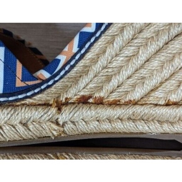 TORY BURCH Orange Blue Canvas Leather Espadrille Criss Cross Strappy Wedge Heels - Picture 7 of 12